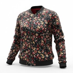 Zara Trafaluc Women Floral Bomber Jacket Small Boho Lightweight Black Multicolor